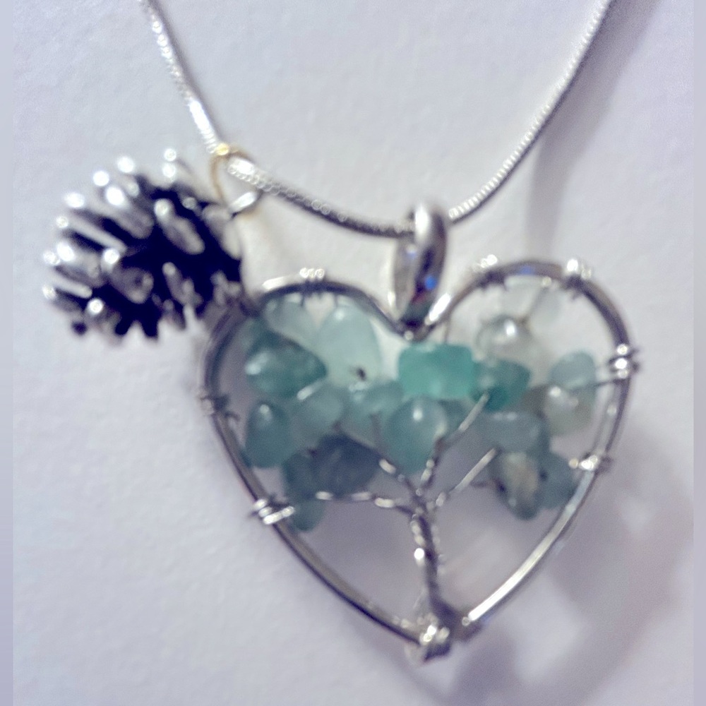 NWOT Necklace Aventurine Heart Tree of Life wire silver pinecone, .925 sp. 18”